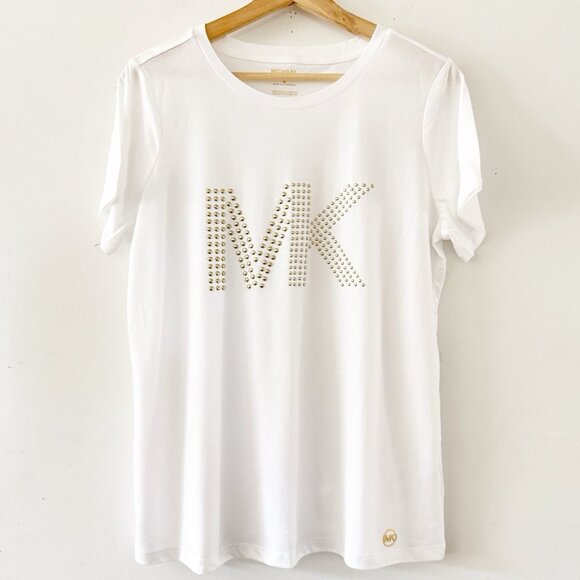 NWOT MICHAEL KORS‎ White Short Sleeve Gold Studded MK Logo Jersey T-Shirt Tee - Picture 1 of 12